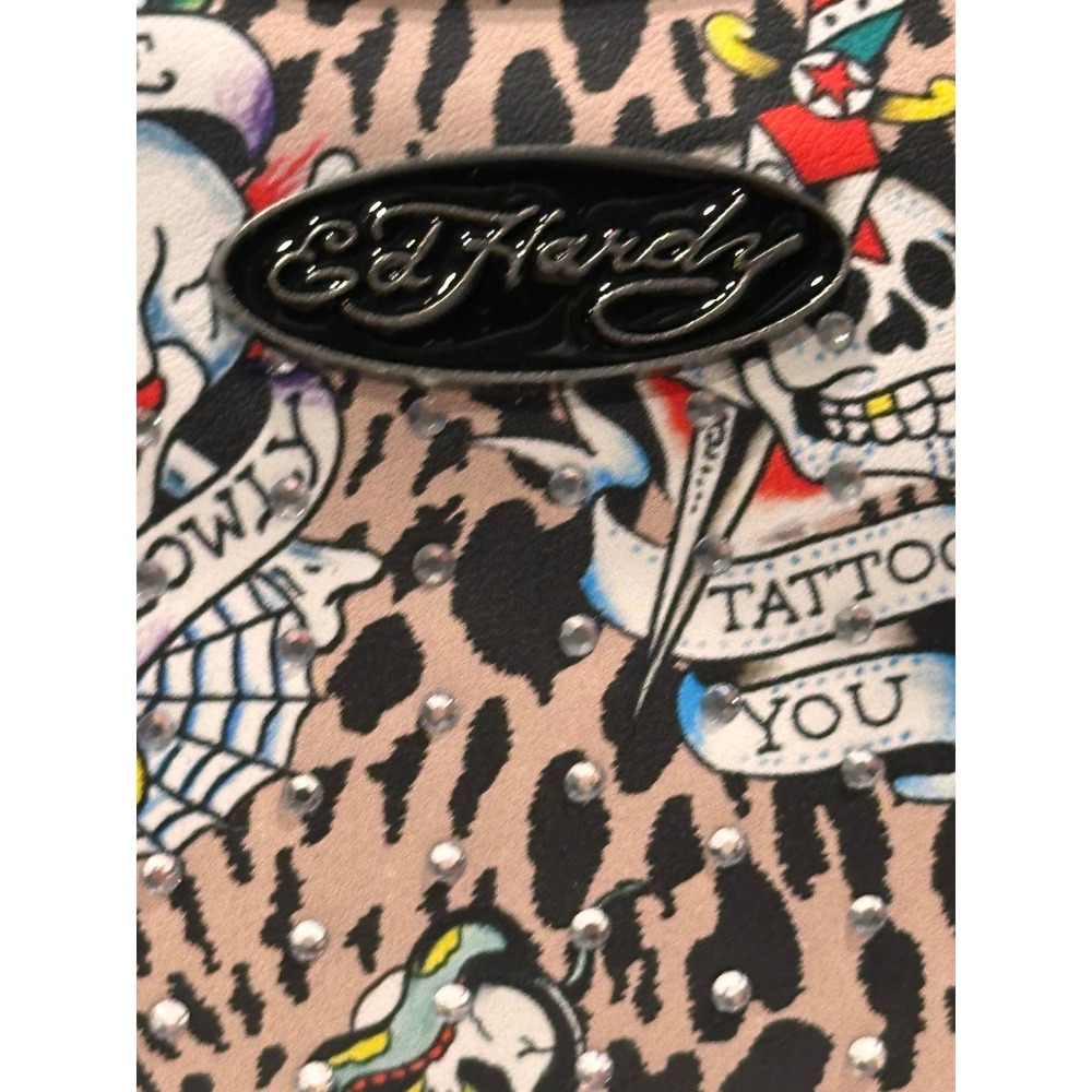 Ed Hardy Leopard Tattoo Print Rhinestone Satchel Bag NWT Skull Bling Y2K Small - Picture 7 of 9